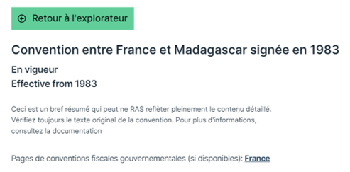 Vue détaillée des conventions dans l'explorateur de conventions fiscales