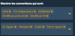 Sélection du type de convention et du statut dans l'explorateur de conventions fiscales